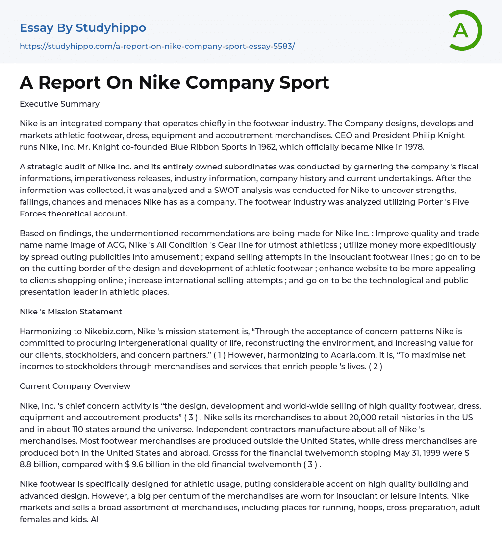 A Report On Nike Company Sport Essay Example