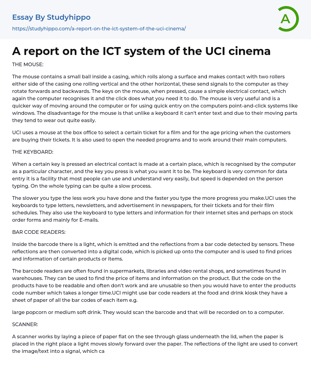 A report on the ICT system of the UCI cinema Essay Example