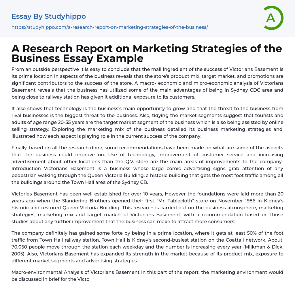 A Research Report on Marketing Strategies of the Business Essay Example