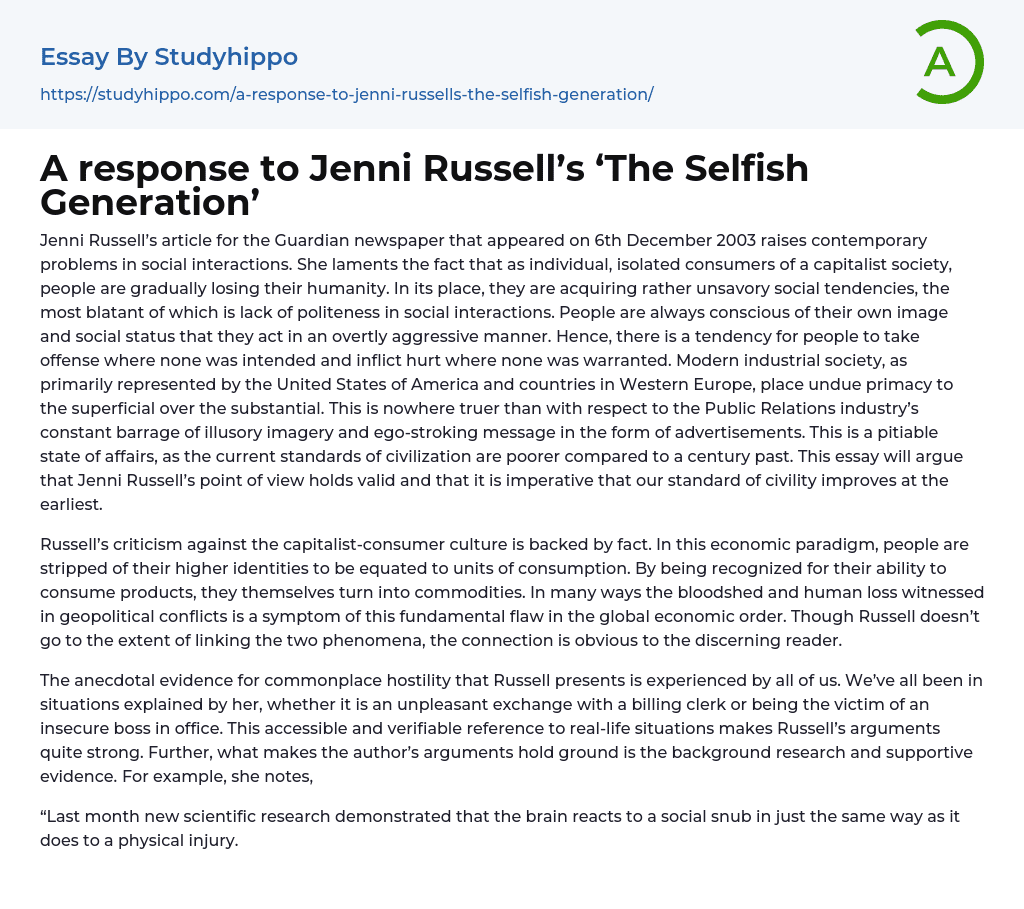 A response to Jenni Russell’s ‘The Selfish Generation’ Essay Example
