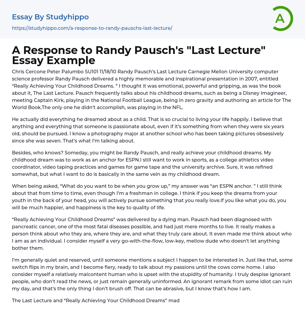 My Impressions after Randy Pausch “Last Lecture” Essay Example
