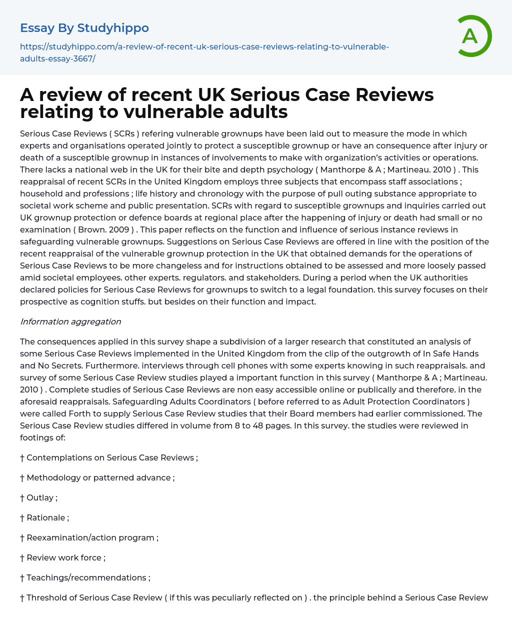 A review of recent UK Serious Case Reviews relating to vulnerable adults Essay Example