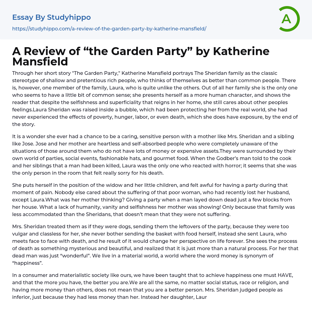 A Review of “the Garden Party” by Katherine Mansfield Essay Example