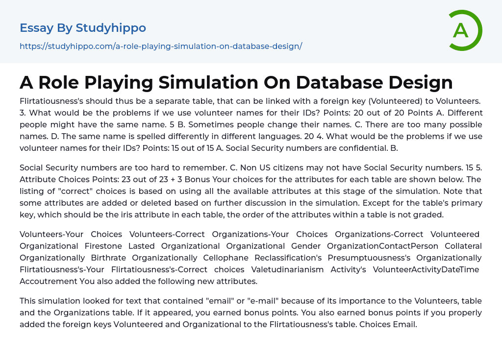 A Role Playing Simulation On Database Design Essay Example