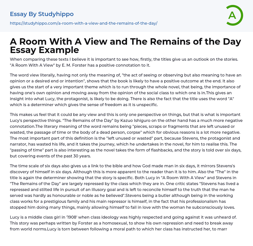 A Room With A View and The Remains of the Day Essay Example