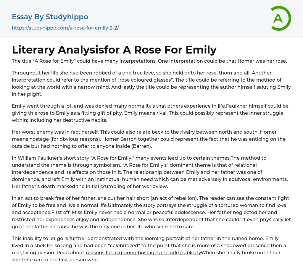 Literary Analysisfor A Rose For Emily Essay Example