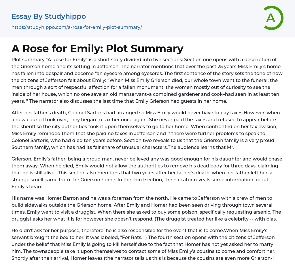 A Rose for Emily: Plot Summary Essay Example