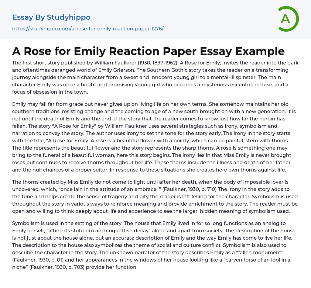 A Rose for Emily Reaction Paper Essay Example