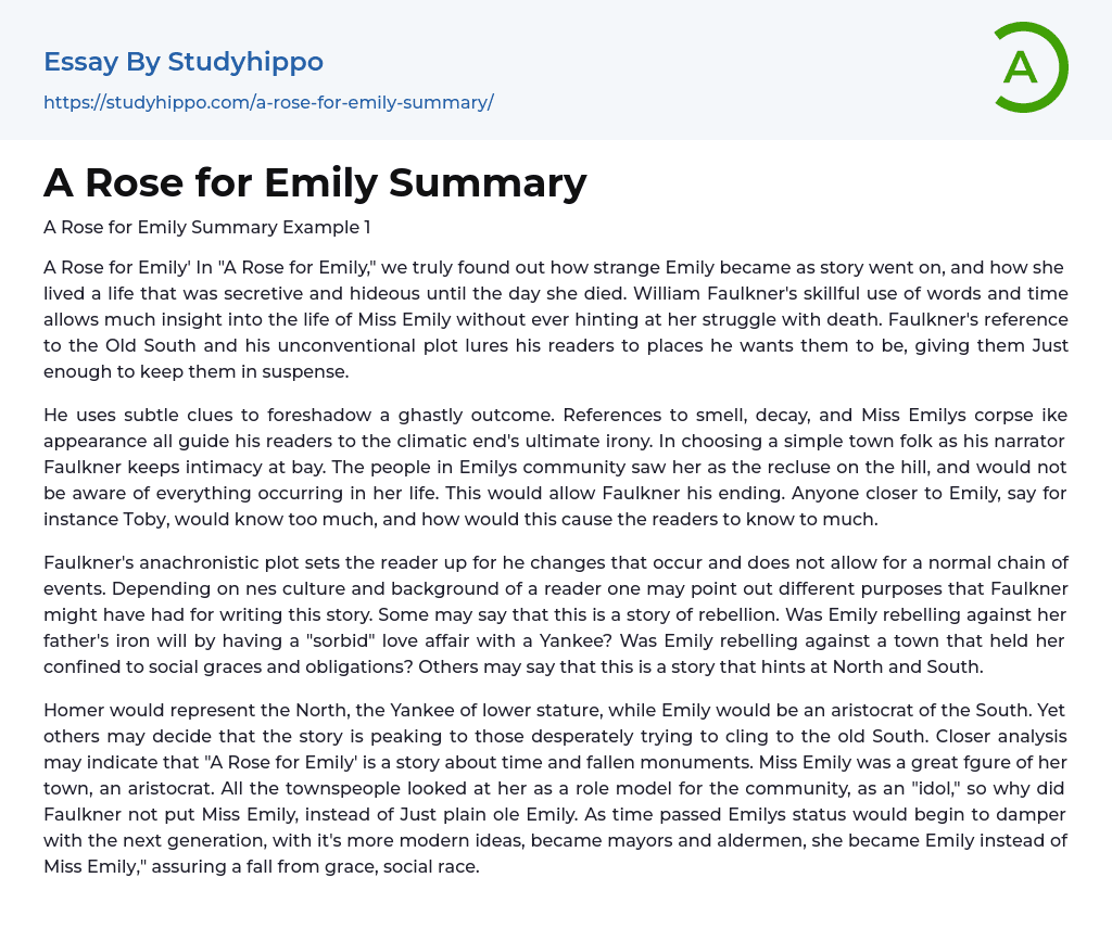 A Rose for Emily Summary Essay Example