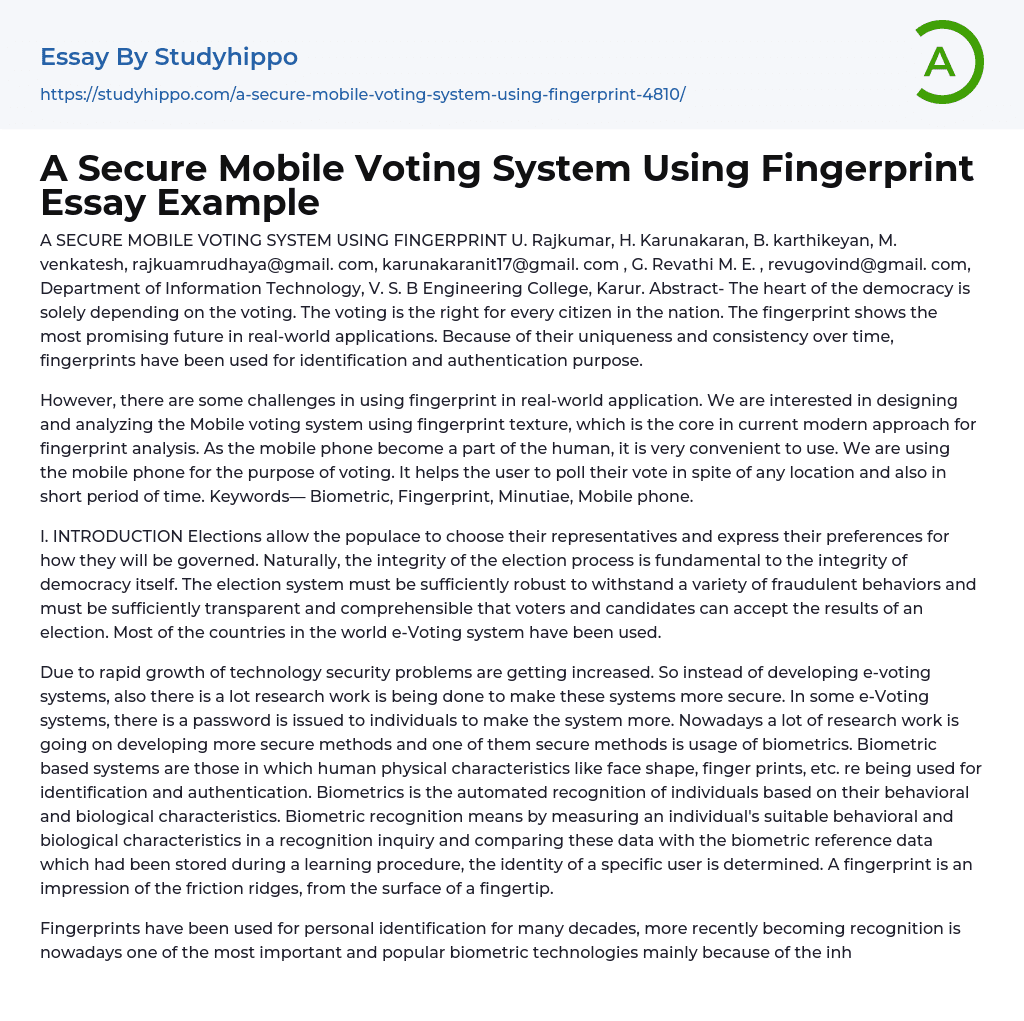 A Secure Mobile Voting System Using Fingerprint Essay Example