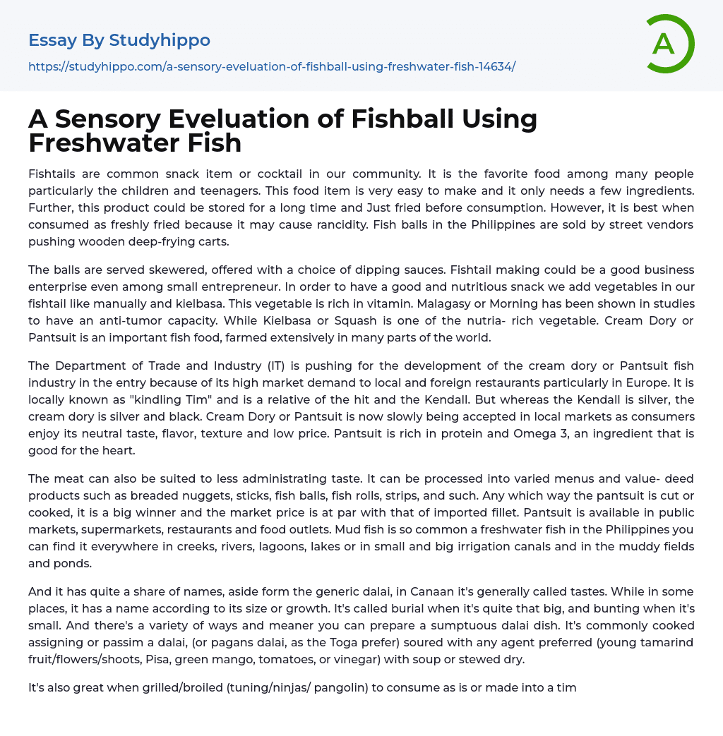 A Sensory Eveluation of Fishball Using Freshwater Fish Essay Example
