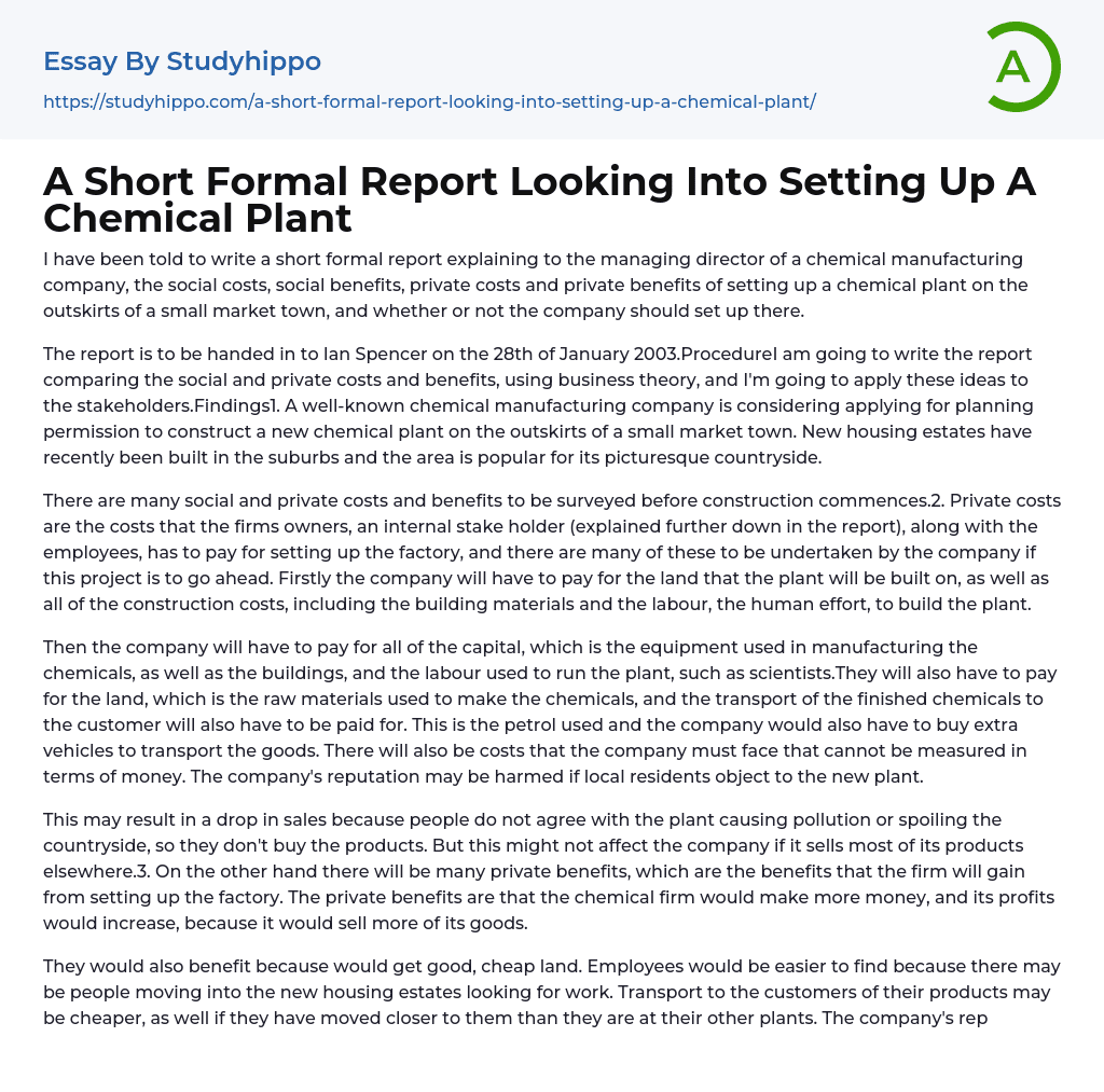 A Short Formal Report Looking Into Setting Up A Chemical Plant Essay Example