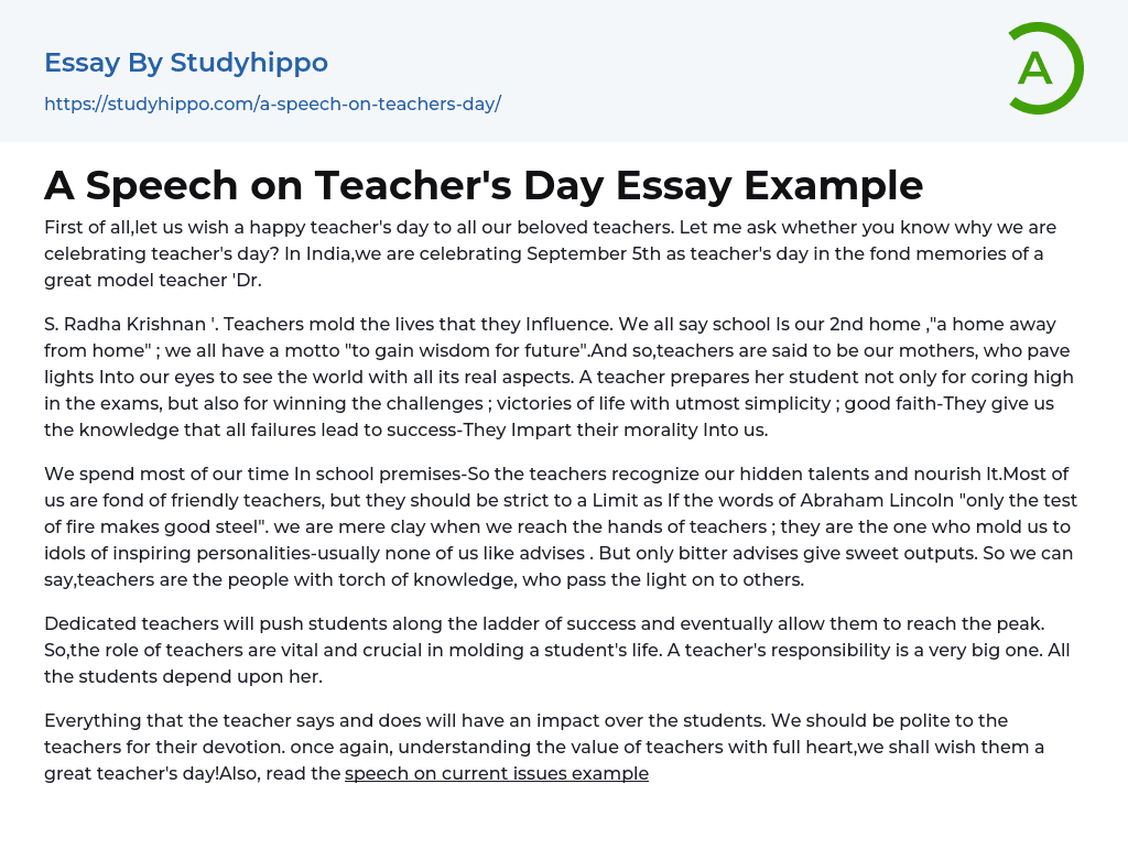 A Speech on Teacher’s Day Essay Example