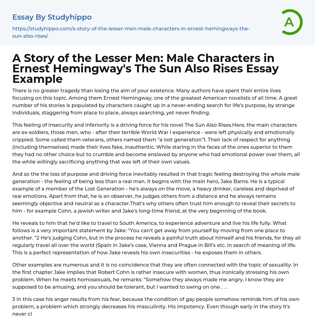 A Story of the Lesser Men: Male Characters in Ernest Hemingway’s The Sun Also Rises Essay Example