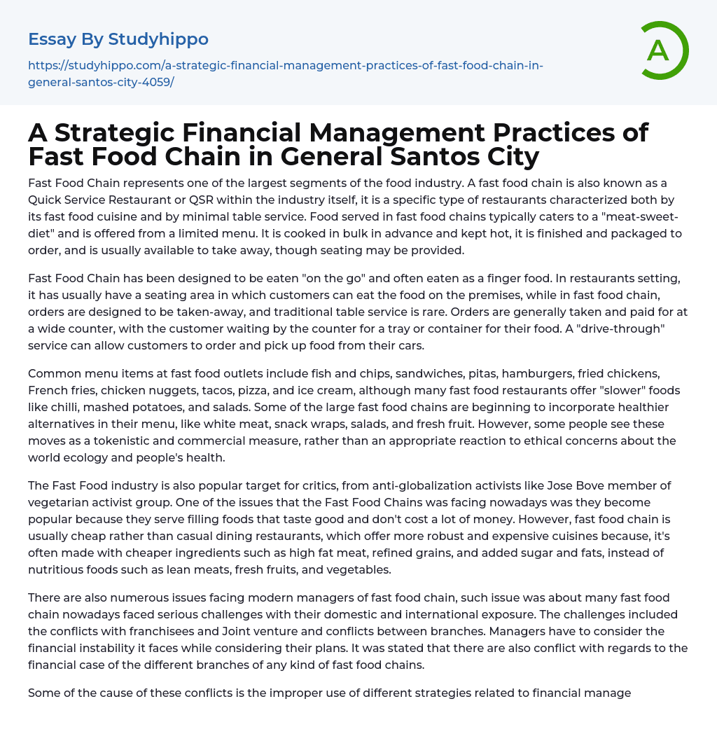 A Strategic Financial Management Practices of Fast Food Chain in General Santos City Essay Example