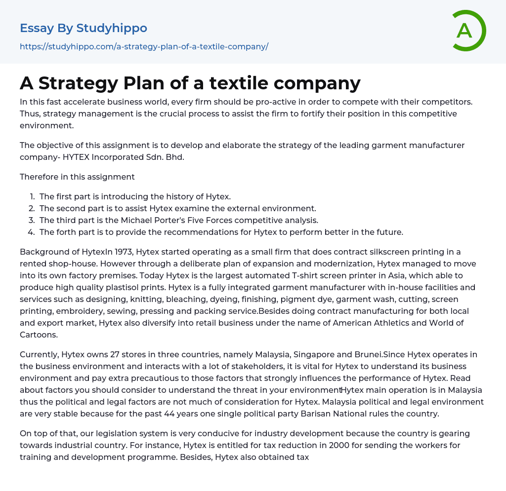 A Strategy Plan of a textile company Essay Example