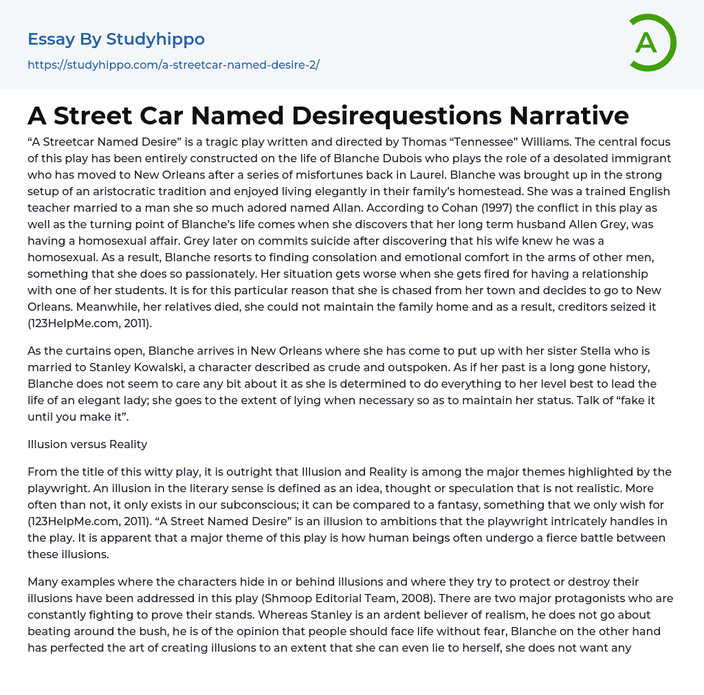 A Street Car Named Desirequestions Narrative Essay Example