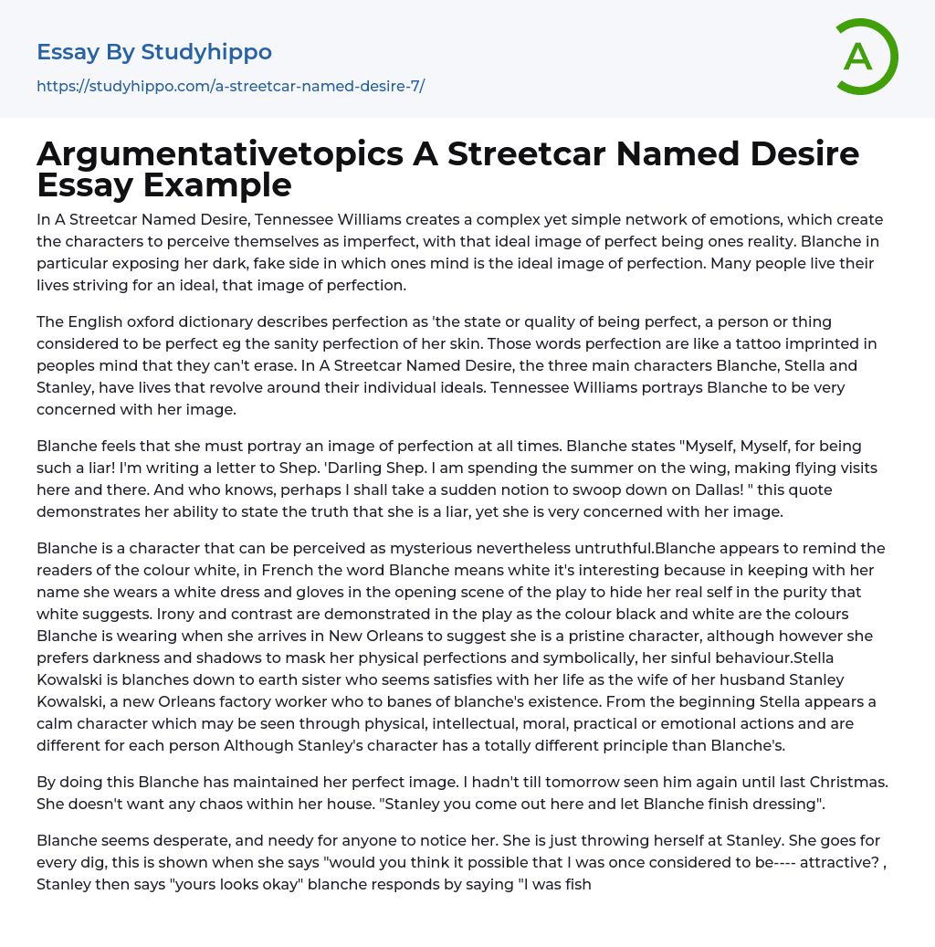 Argumentativetopics A Streetcar Named Desire Essay Example