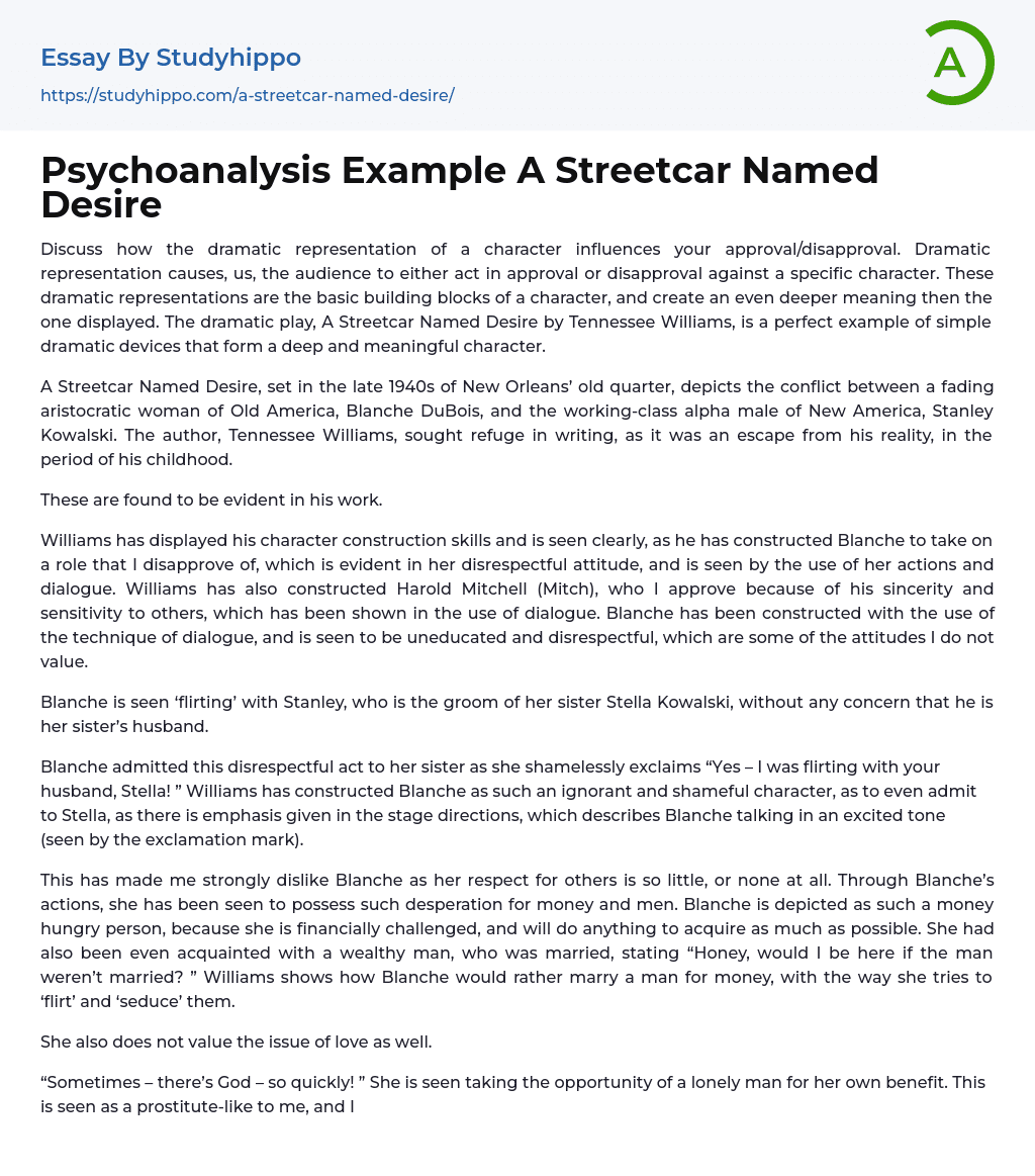Psychoanalysis Example A Streetcar Named Desire Essay Example