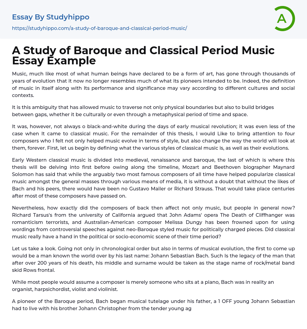A Study of Baroque and Classical Period Music Essay Example