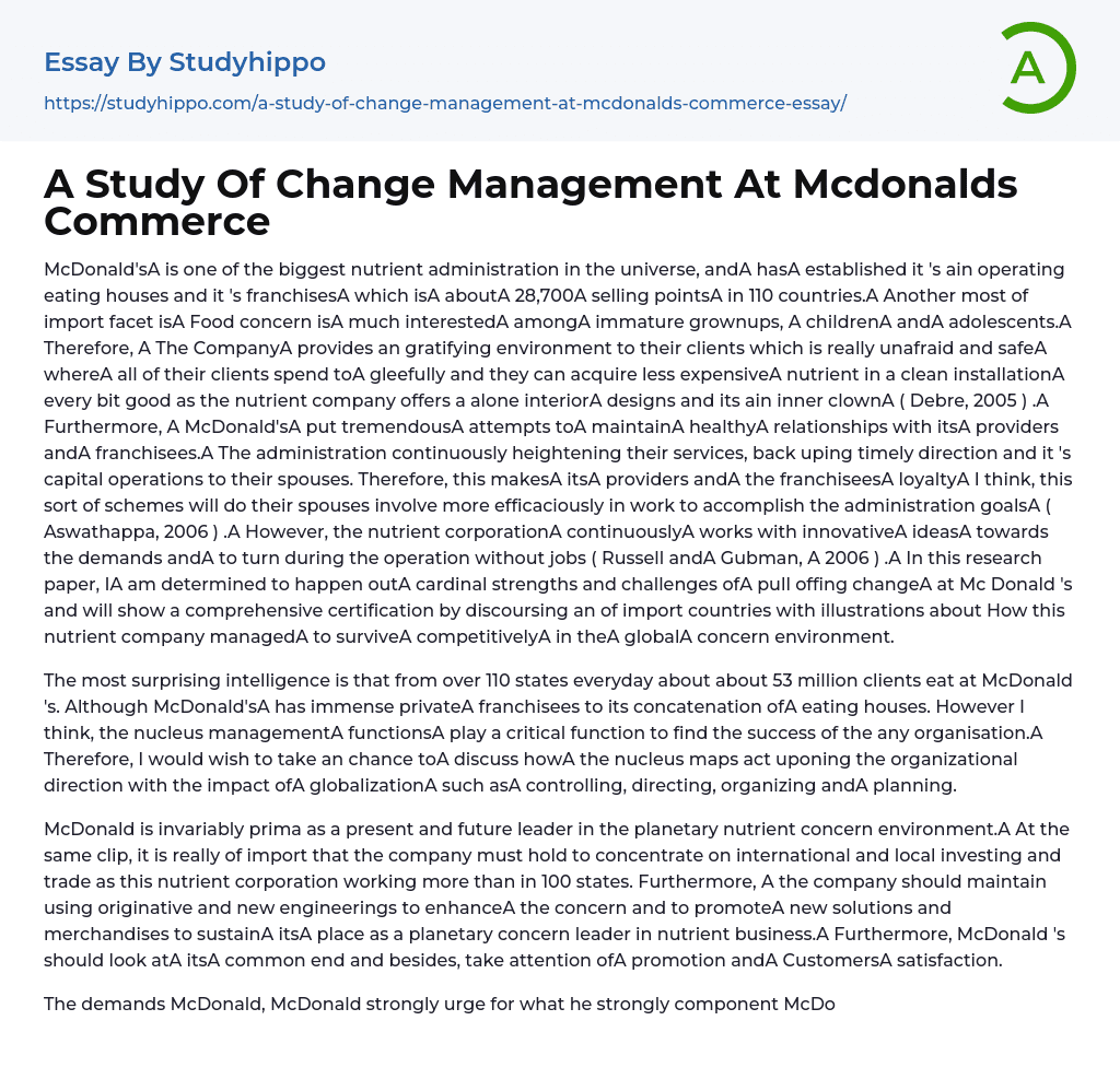A Study Of Change Management At Mcdonalds Commerce Essay Example