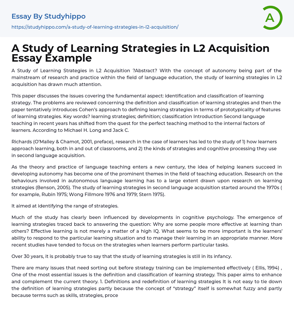 A Study of Learning Strategies in L2 Acquisition Essay Example