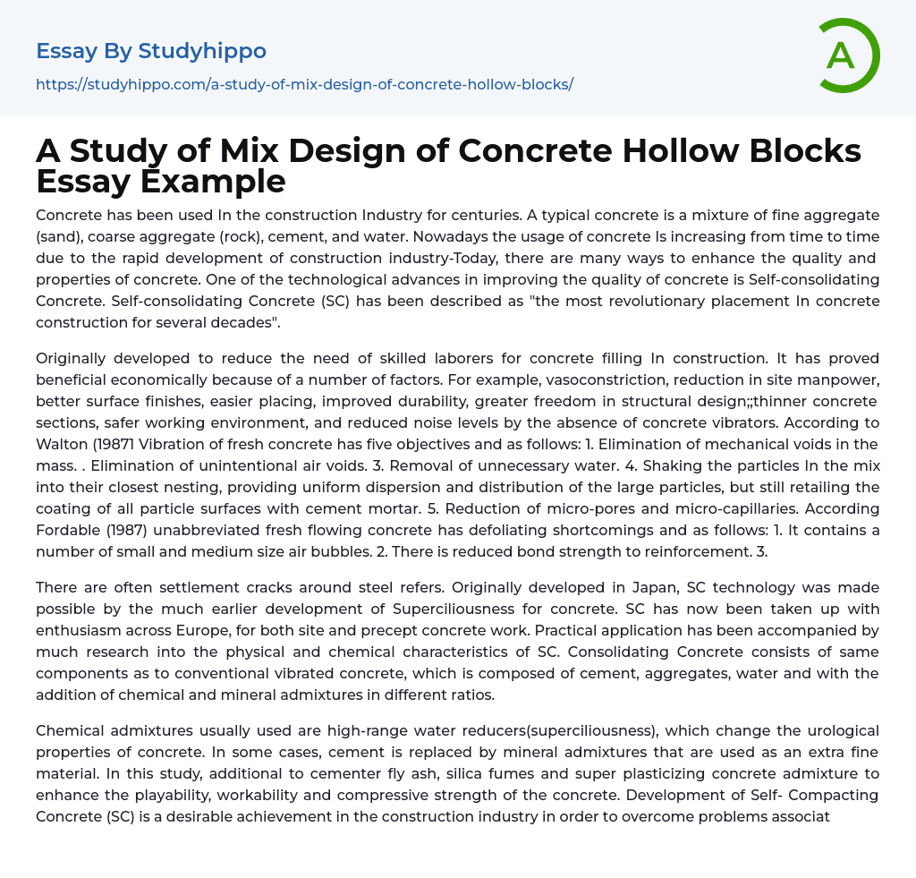 A Study of Mix Design of Concrete Hollow Blocks Essay Example