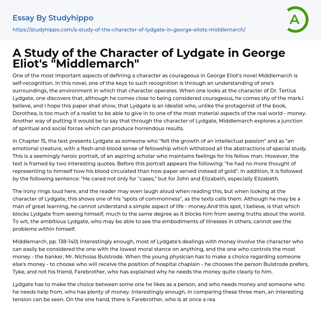 A Study of the Character of Lydgate in George Eliot’s “Middlemarch” Essay Example
