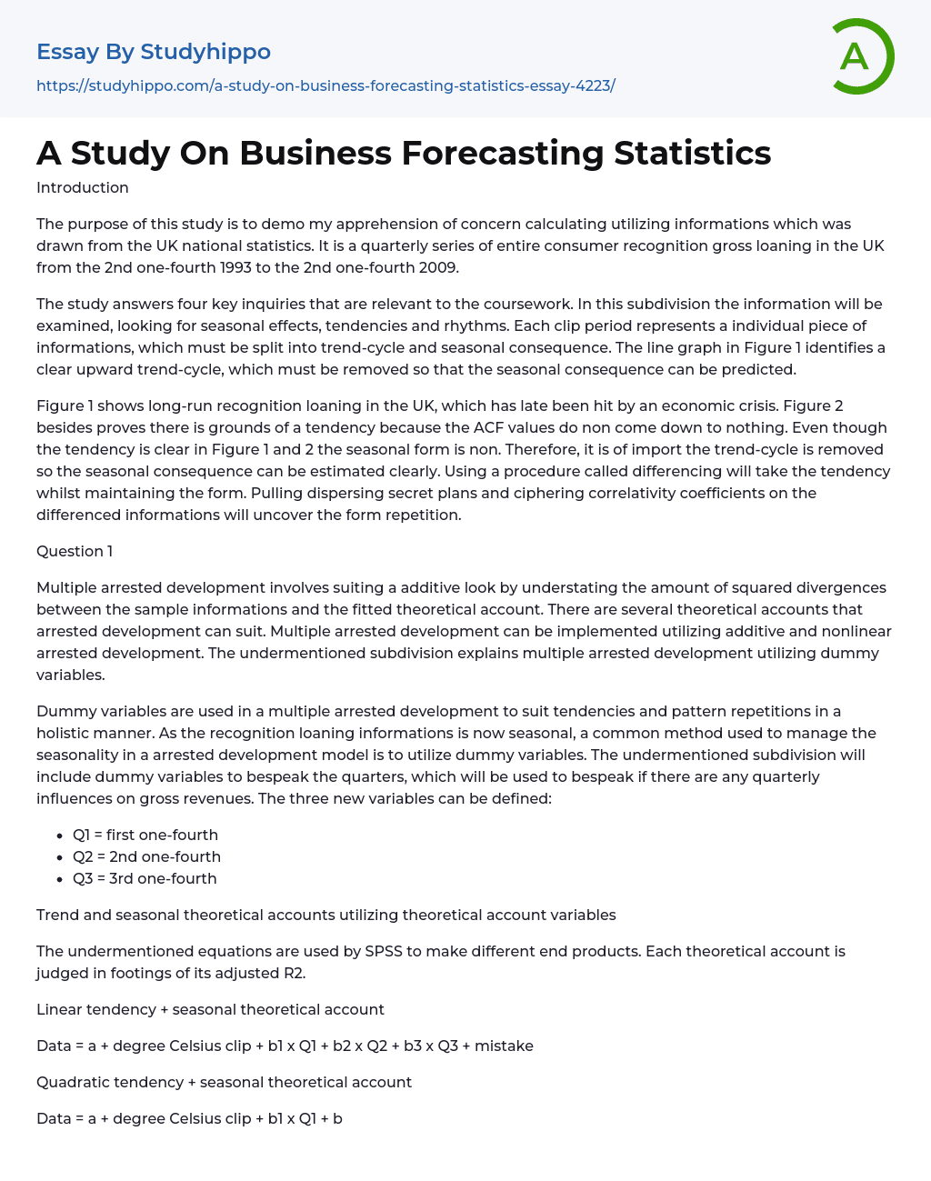 A Study On Business Forecasting Statistics Essay Example