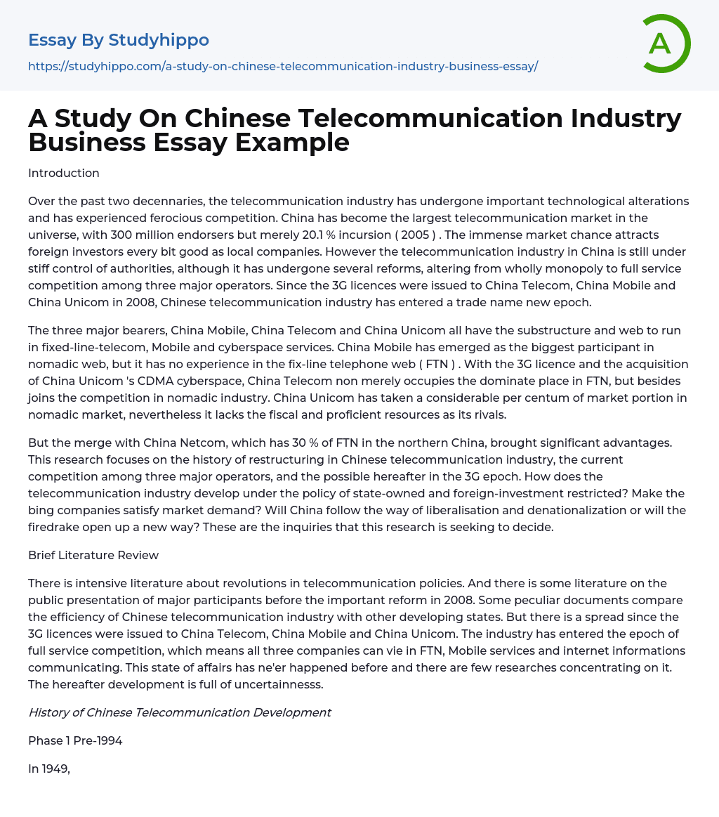 A Study On Chinese Telecommunication Industry Business Essay Example