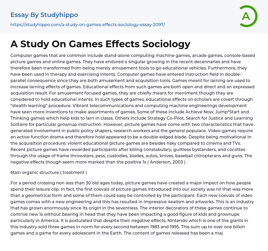 A Study On Games Effects Sociology Essay Example