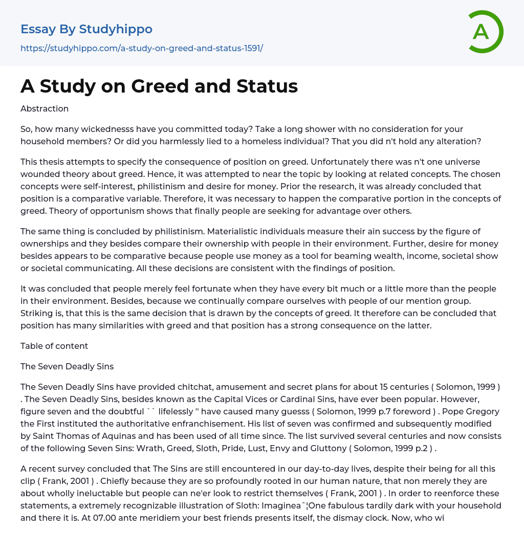 A Study on Greed and Status Essay Example