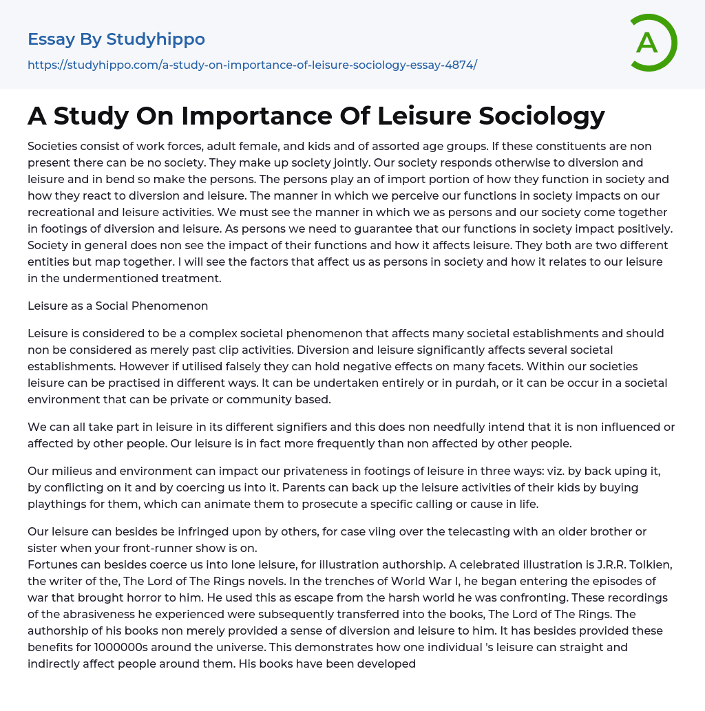A Study On Importance Of Leisure Sociology Essay Example