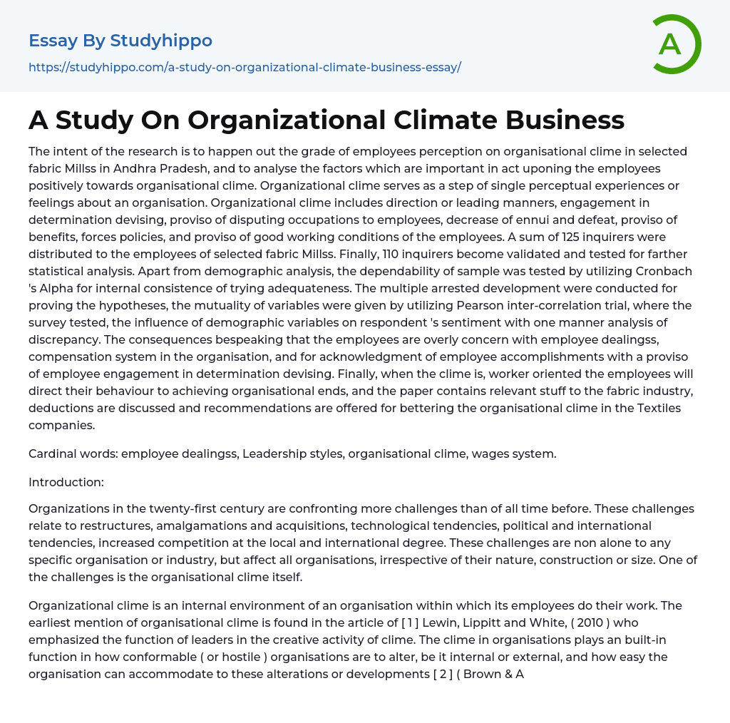 A Study On Organizational Climate Business Essay Example