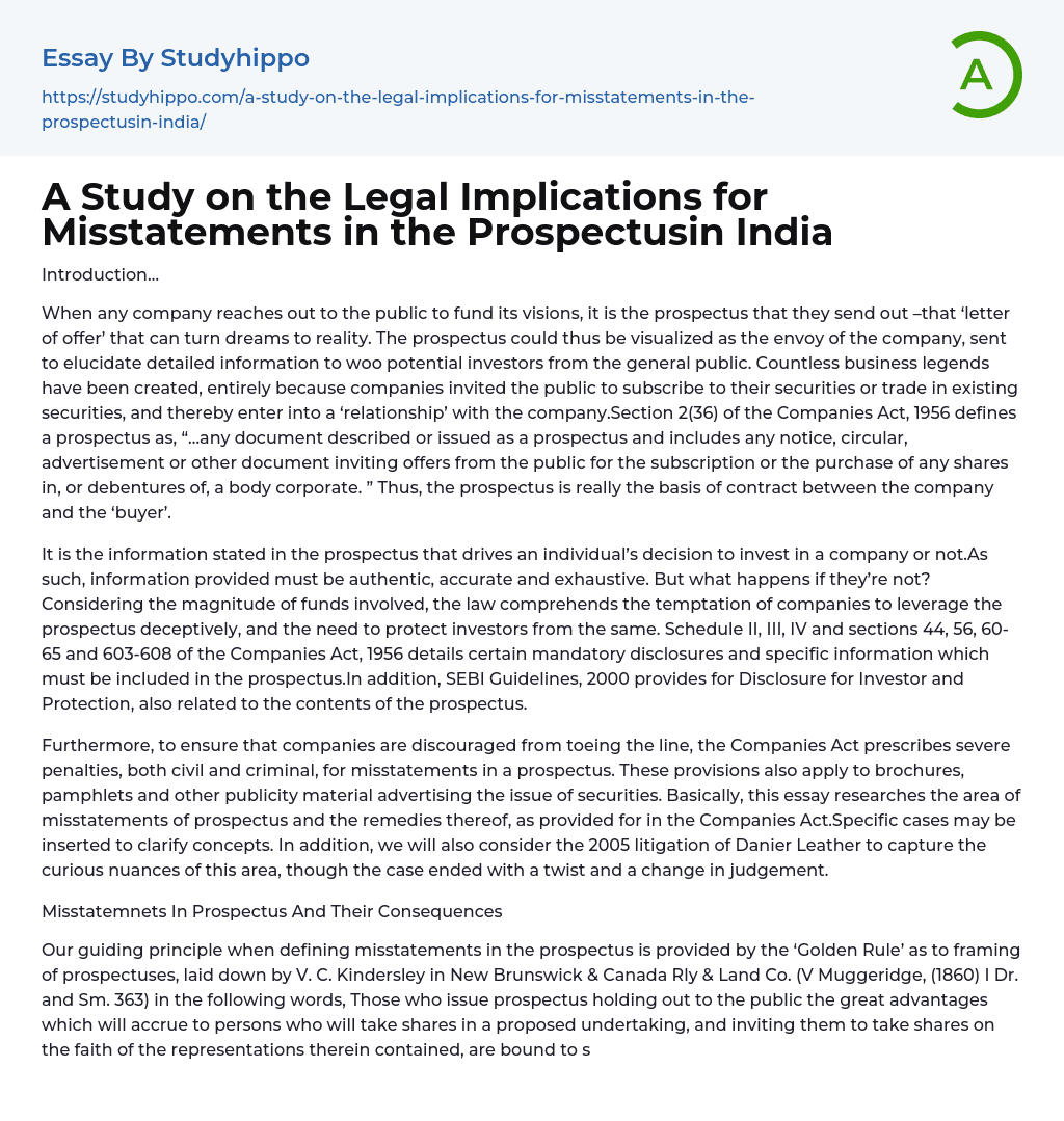 A Study on the Legal Implications for Misstatements in the Prospectusin India Essay Example
