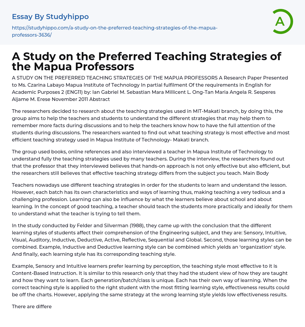 A Study on the Preferred Teaching Strategies of the Mapua Professors Essay Example