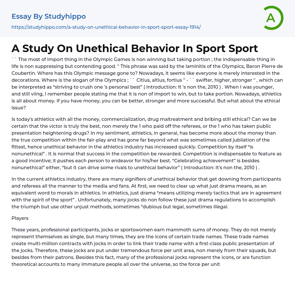 A Study On Unethical Behavior In Sport Sport Essay Example