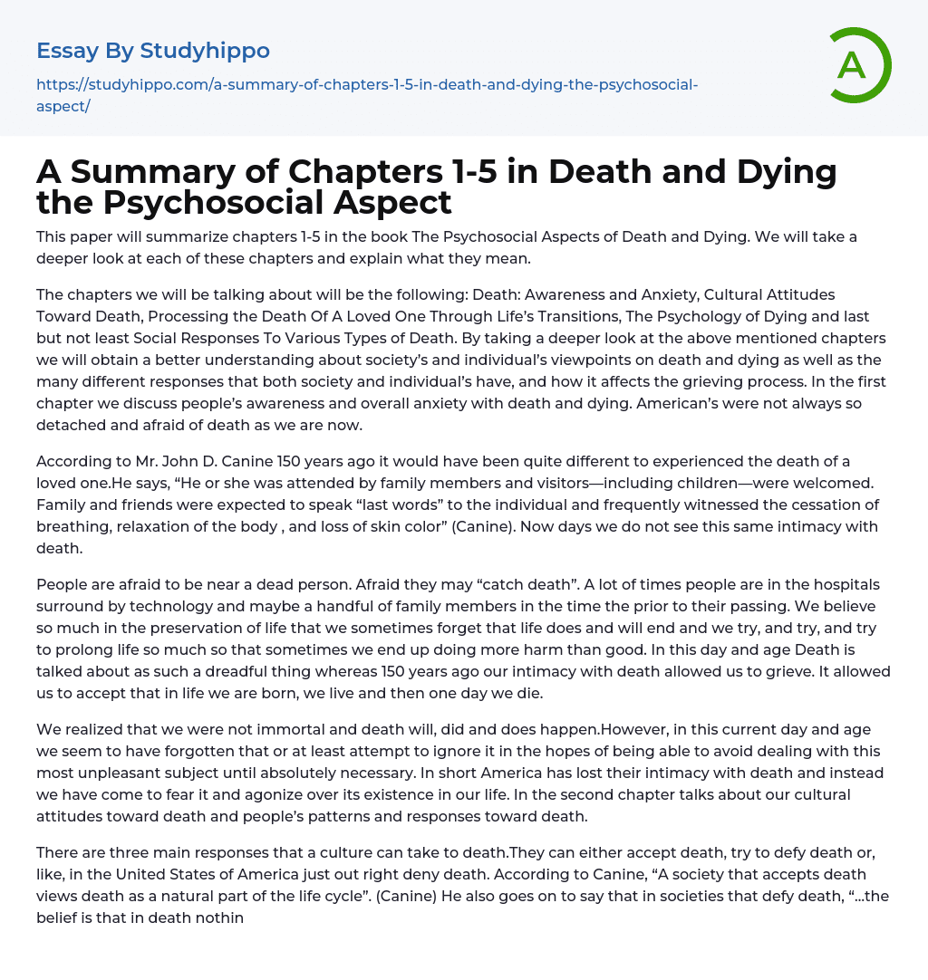 A Summary of Chapters 1-5 in Death and Dying the Psychosocial Aspect Essay Example