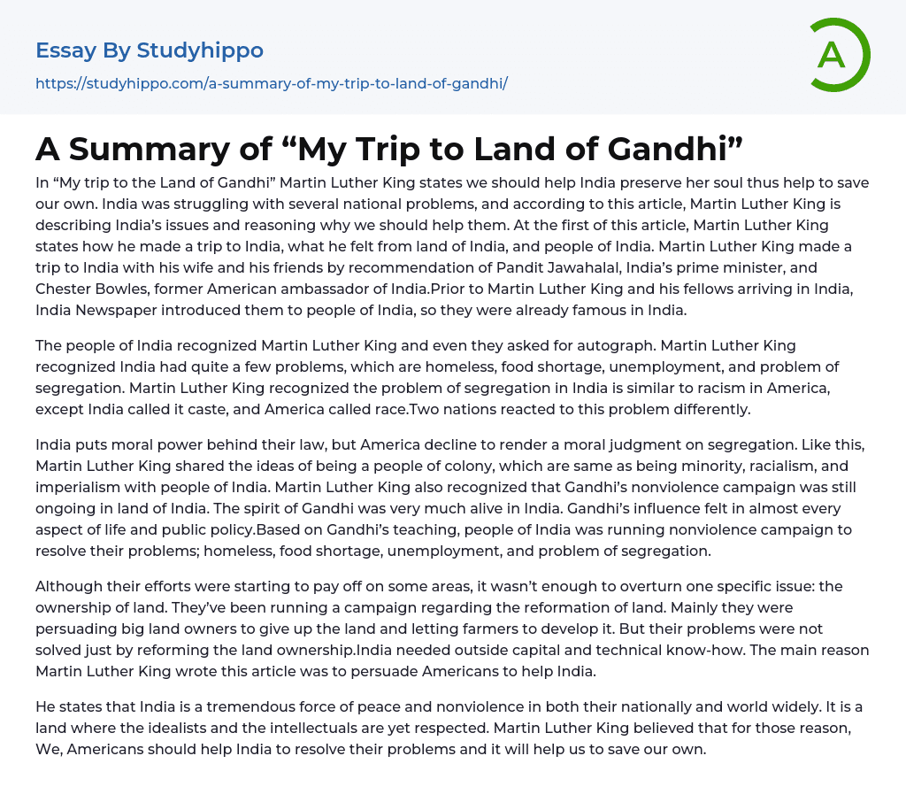 A Summary of “My Trip to Land of Gandhi” Essay Example