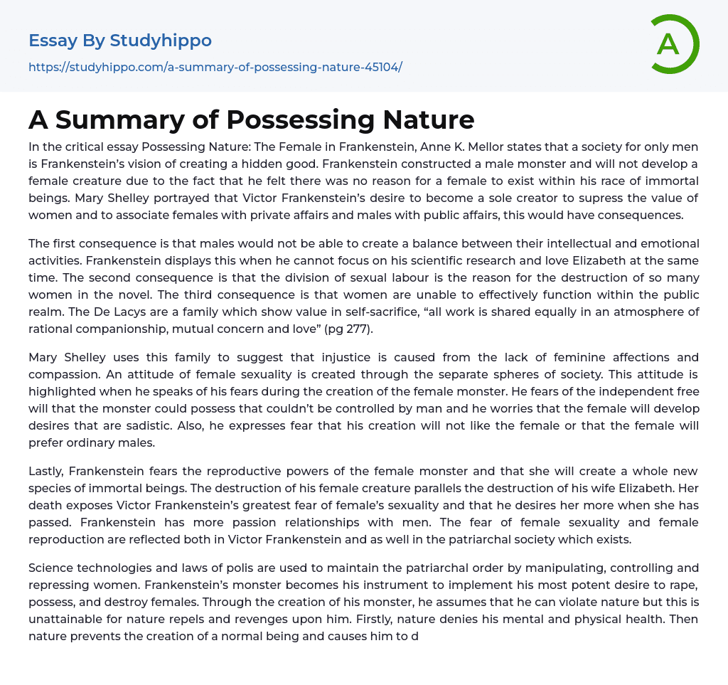 A Summary of Possessing Nature Essay Example
