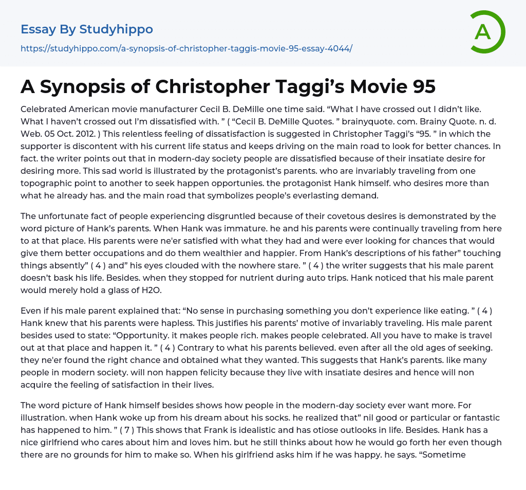 A Synopsis of Christopher Taggi’s Movie 95 Essay Example