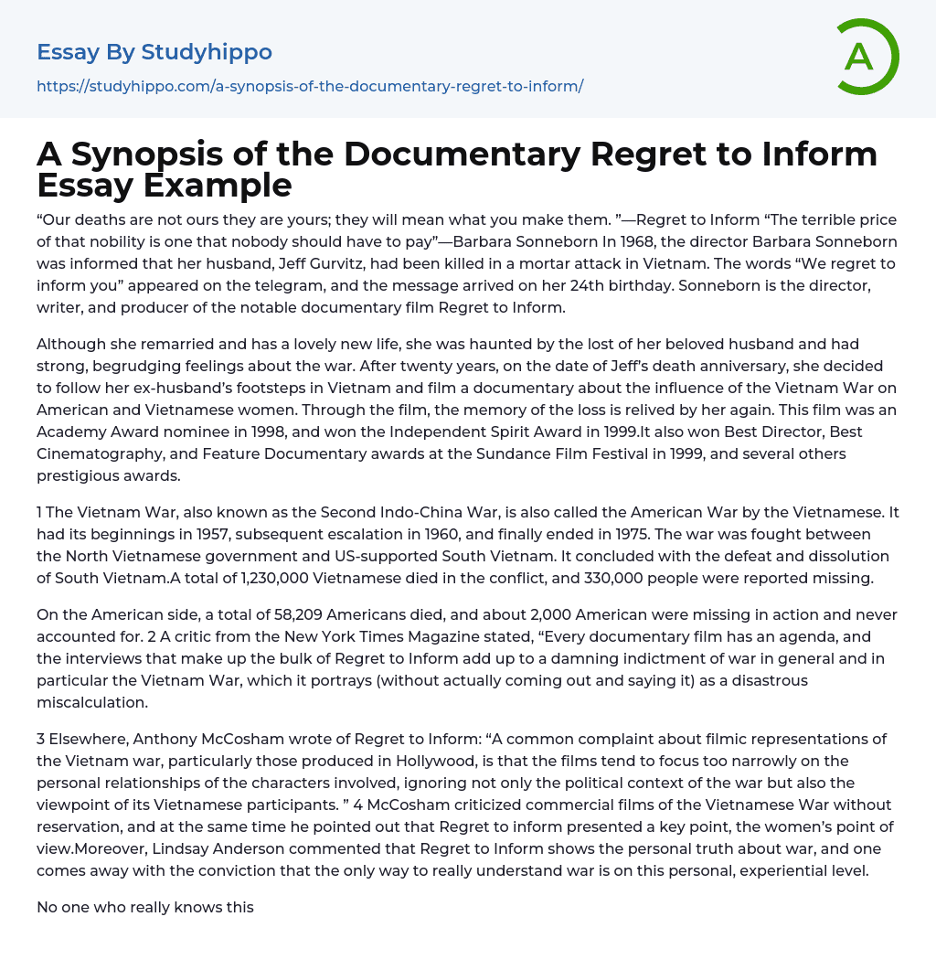 A Synopsis of the Documentary Regret to Inform Essay Example