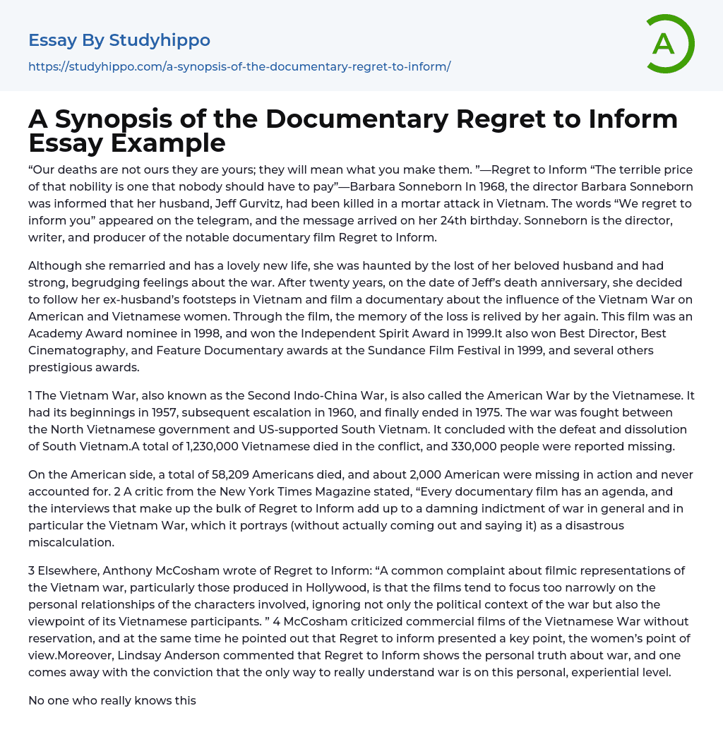 A Synopsis Of The Documentary Regret To Inform Essay Example 