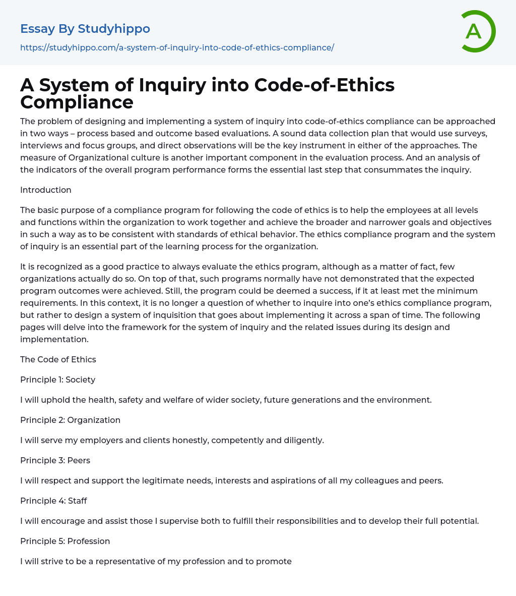 A System of Inquiry into Code-of-Ethics Compliance Essay Example