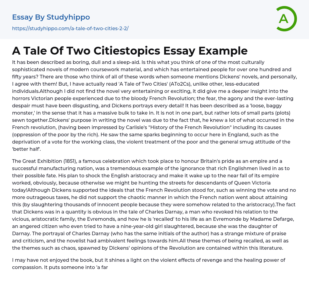 A Tale Of Two Citiestopics Essay Example