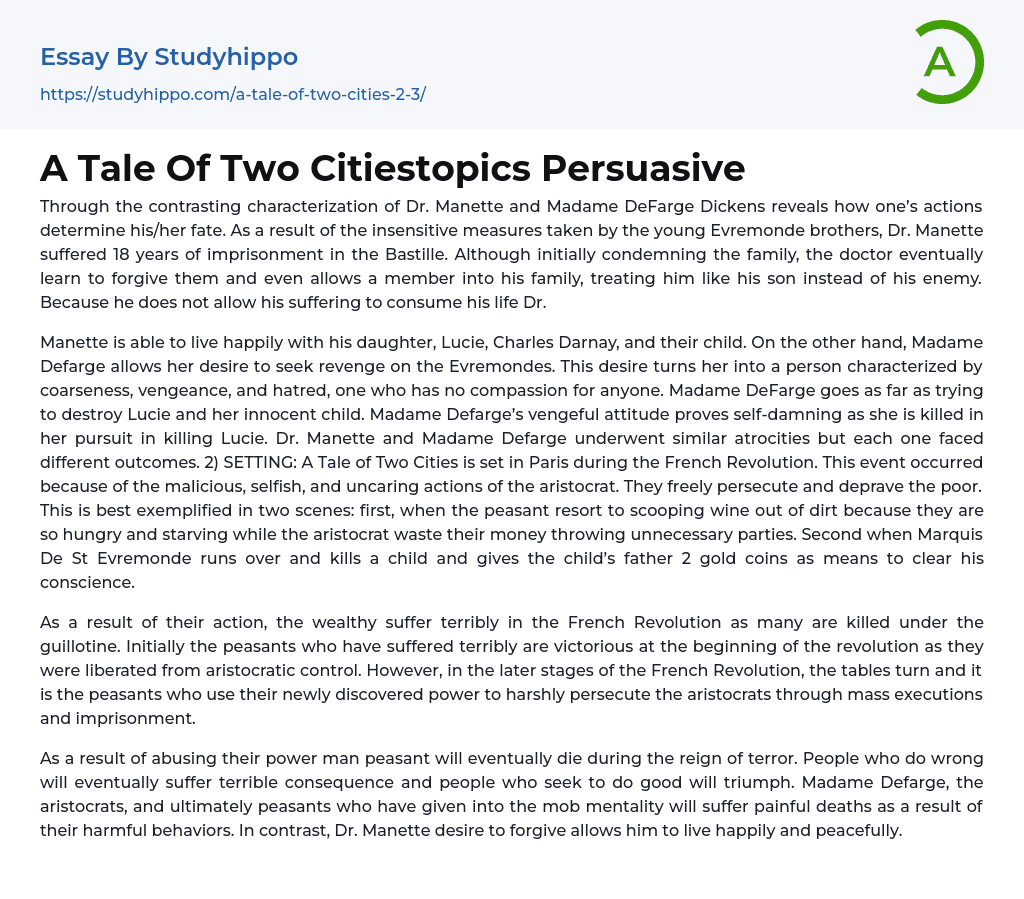 A Tale Of Two Citiestopics Persuasive Essay Example