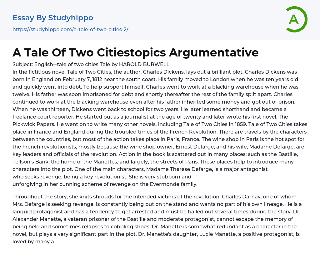 “Tale of Two Cities” Charles Dickens Essay Example
