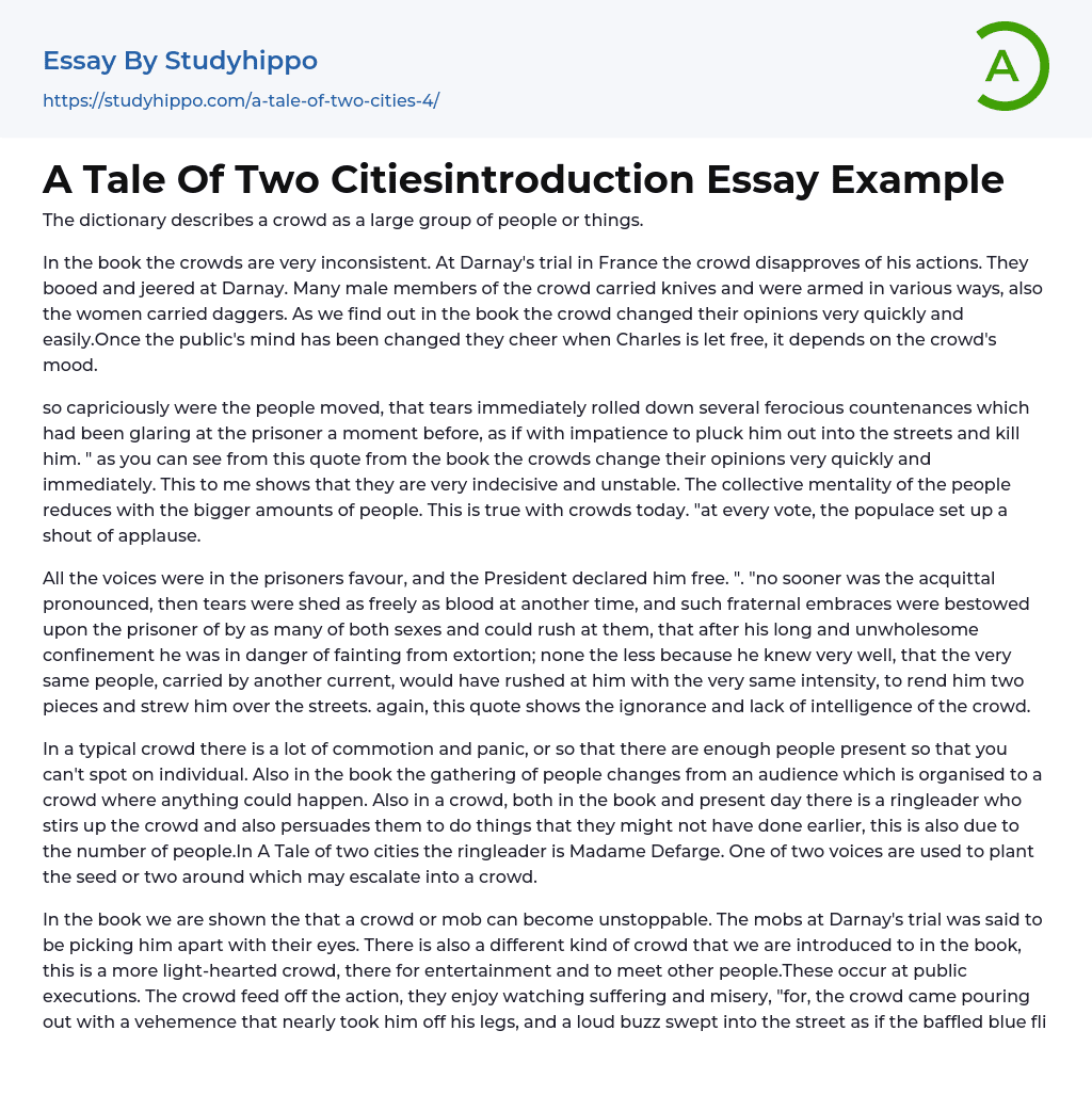 A Tale Of Two Citiesintroduction Essay Example