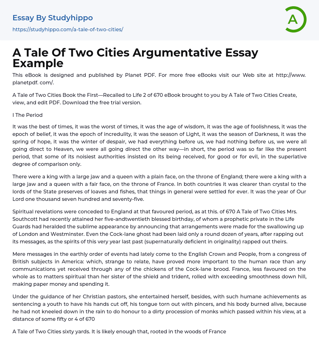 A Tale Of Two Cities Argumentative Essay Example