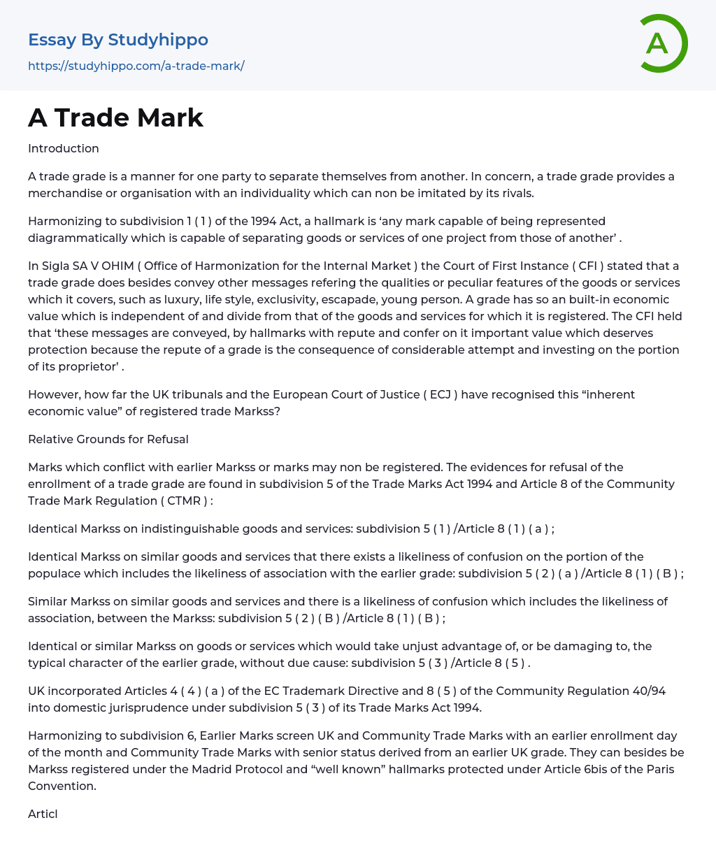 A Trade Mark Essay Example